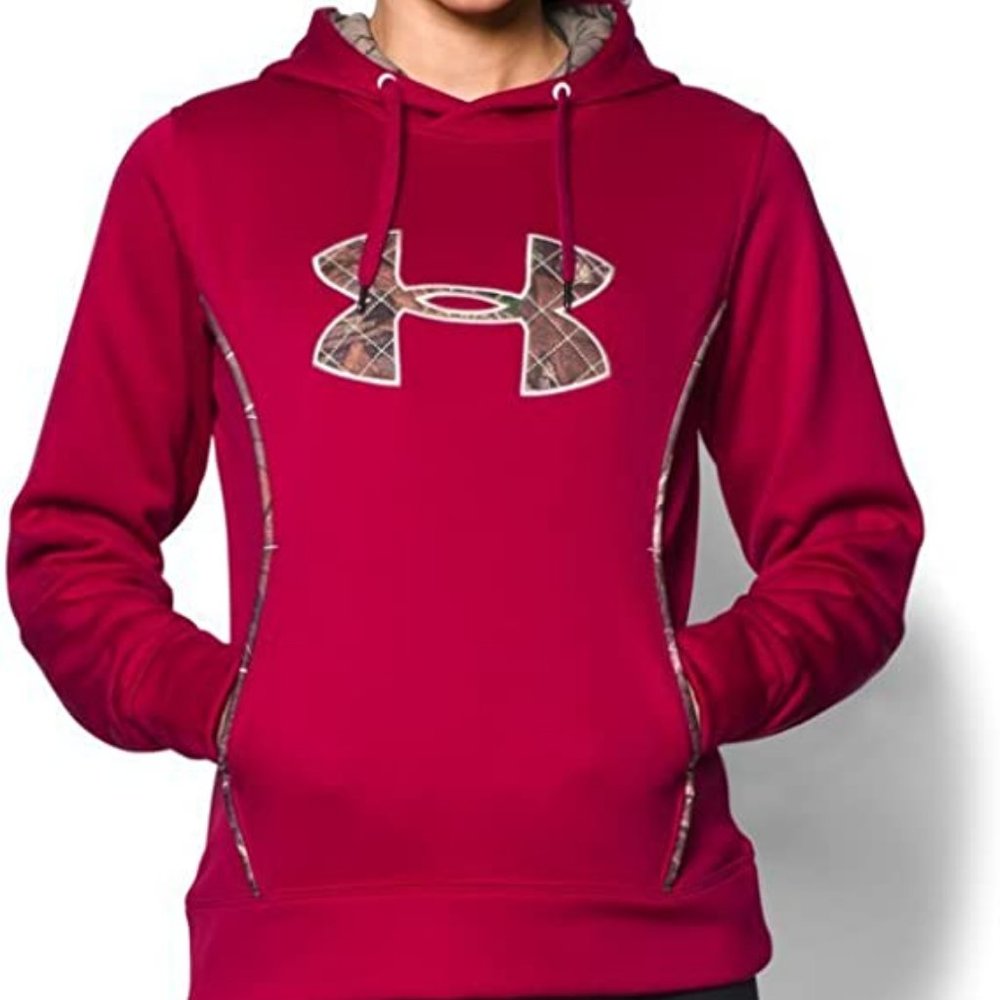 UNDER ARMOUR Women's Hoodie Size Large Red Camo Storm Caliber Pull Over